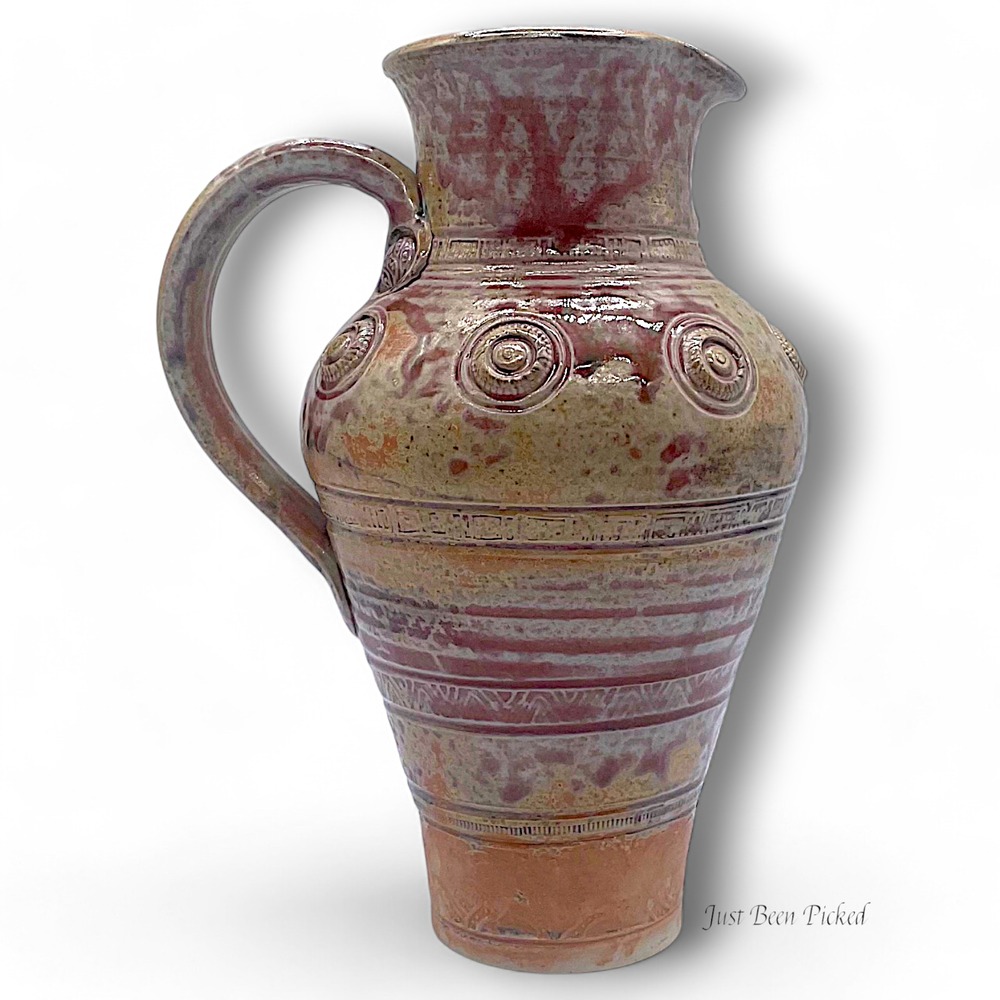 Clark Studio Pottery Pitcher Large Salt Glaze Stoneware Red Tan Medallion
